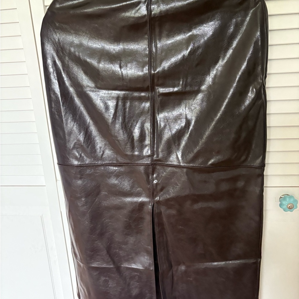 Brown Synthetic Leather Skirt with front slit.